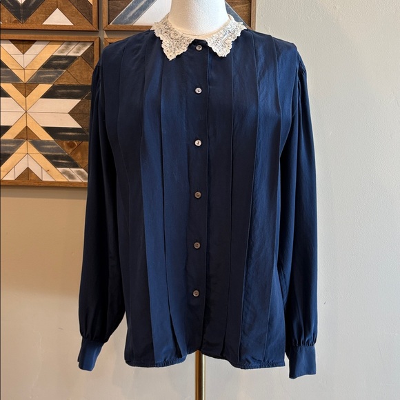 Vintage Ralph Lauren Navy Pleated Button Down Shirt with Lace Collar - Picture 3 of 13